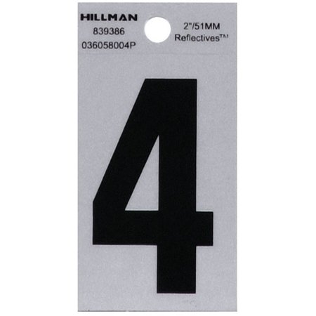 HILLMAN 2 in. Reflective Black Vinyl Self-Adhesive Number 4 1 pc, 6PK 839386